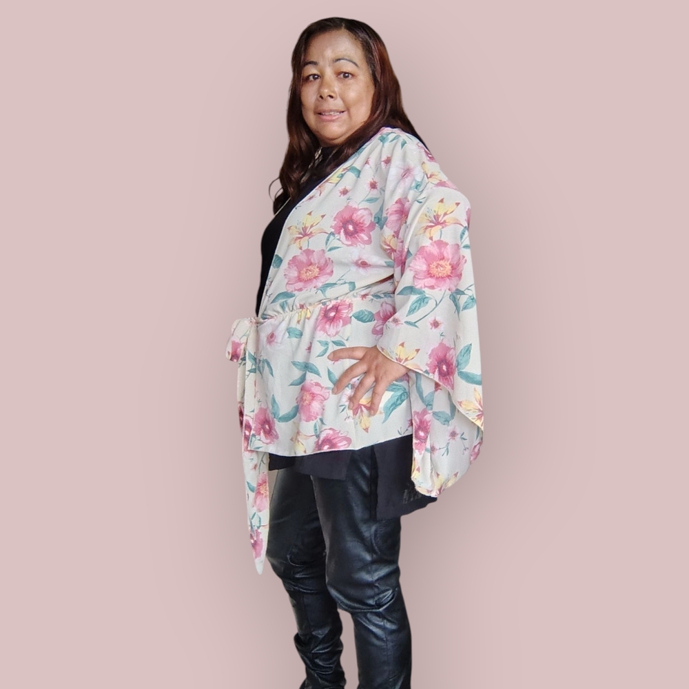 REVAMPED Women's Medium Floral Open-Front Kimono Cardigan - Picture 8 of 16